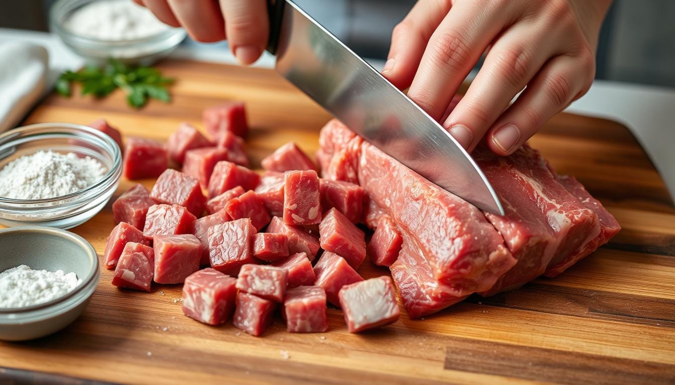 Beef chuck being cut into cubes for Slow Cooker Beef Stew Beef chuck being cut into cubes for Slow Cooker Beef Stew