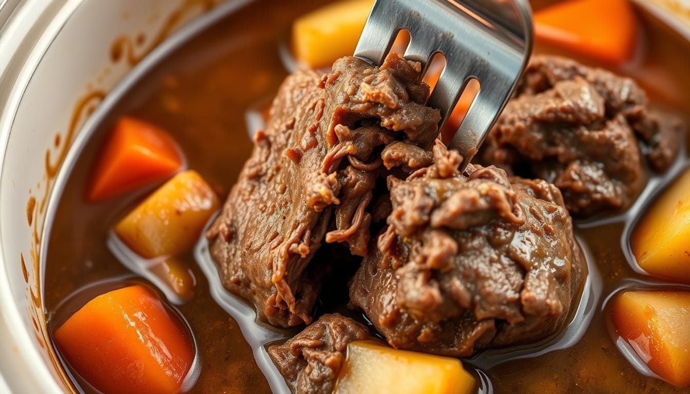 Close-up of perfectly cooked Slow Cooker Beef Stew showing tender meat and vegetables Close-up of perfectly cooked Slow Cooker Beef Stew showing tender meat and vegetables