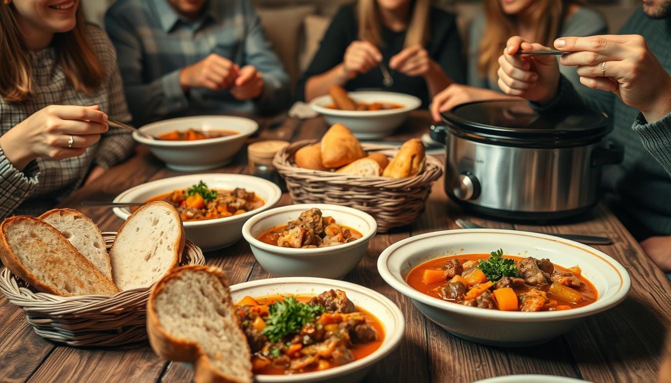 Family enjoying Slow Cooker Beef Stew at dinner table Family enjoying Slow Cooker Beef Stew at dinner table