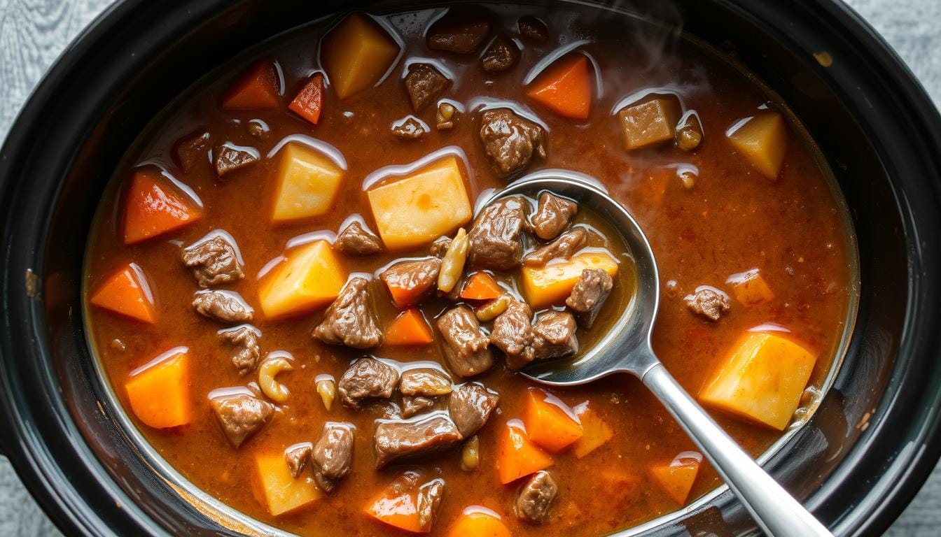 Finished Slow Cooker Beef Stew in the slow cooker ready to serve Finished Slow Cooker Beef Stew in the slow cooker ready to serve