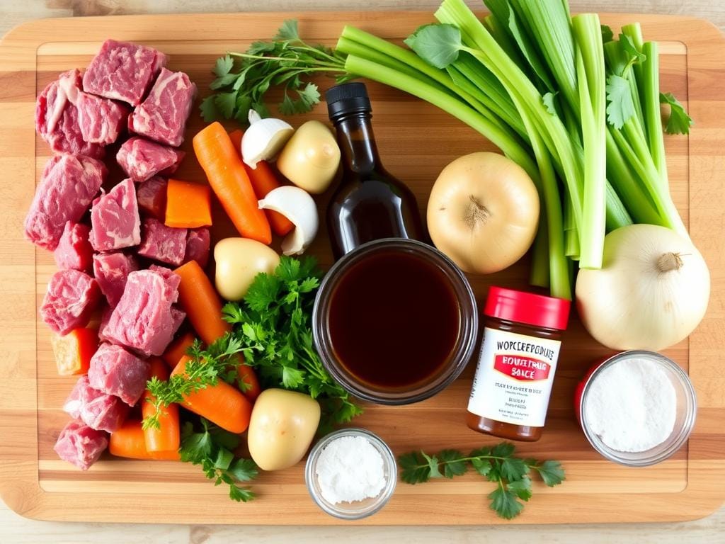 Ingredients for Slow Cooker Beef Stew laid out on a wooden cutting board Ingredients for Slow Cooker Beef Stew laid out on a wooden cutting board