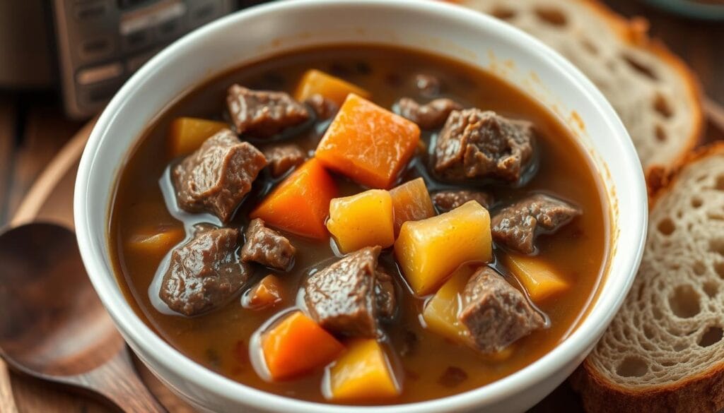 Slow Cooker Beef Stew with tender beef chunks, carrots and potatoes in a rich savory broth, served in a white bowl