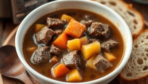 Slow Cooker Beef Stew with tender beef chunks, carrots and potatoes in a rich savory broth, served in a white bowl