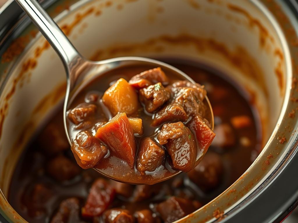 Thick, rich Slow Cooker Beef Stew being served with a ladle Thick, rich Slow Cooker Beef Stew being served with a ladle