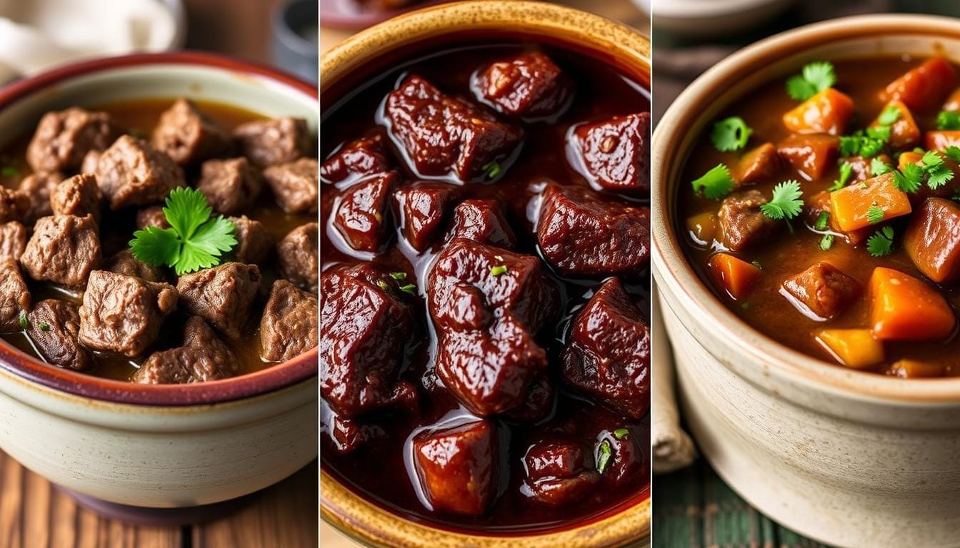 Three variations of Slow Cooker Beef Stew in different serving bowls Three variations of Slow Cooker Beef Stew in different serving bowls