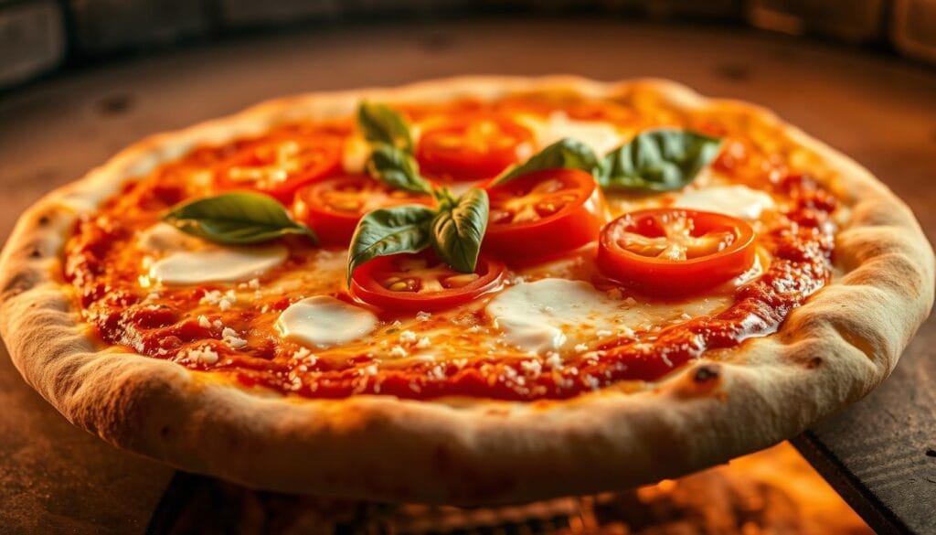 A close-up, high-resolution photograph of a fresh, homemade margherita pizza being cooked in a wood-fired oven. The pizza has a perfectly golden-brown, crispy crust with a thin, chewy center. Grated mozzarella cheese melts evenly across the surface, creating a delightfully stringy texture. Vibrant, ripe tomatoes and fragrant basil leaves are artfully arranged on top, providing a pop of color and aroma. Warm, diffused lighting from the oven casts a soft, inviting glow, highlighting the intricate details of the pizza's toppings and crust. The scene conveys a sense of mouth-watering anticipation and the comforting, homemade appeal of a classic margherita pizza fresh from the oven. Homemade Margherita Pizza: Crispy Crust, Melty Mozzarella