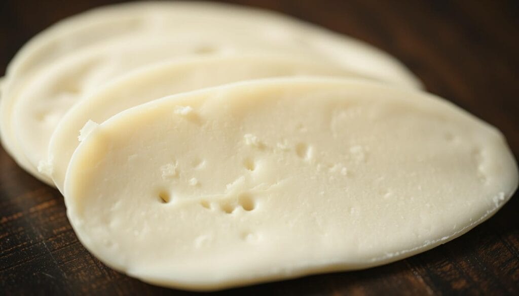A close-up shot of freshly sliced mozzarella cheese, its smooth, creamy texture glistening under soft, diffused lighting. The cheese sits atop a dark, wooden surface, with a subtle vignette effect creating a sense of depth and focus. The edges of the cheese are slightly translucent, revealing its internal structure, while a faint aroma of milk and cream wafts through the air. The overall composition is simple yet elegant, capturing the essence of high-quality mozzarella, ready to be incorporated into a delectable Margherita pizza. Homemade Margherita Pizza: Crispy Crust, Melty Mozzarella