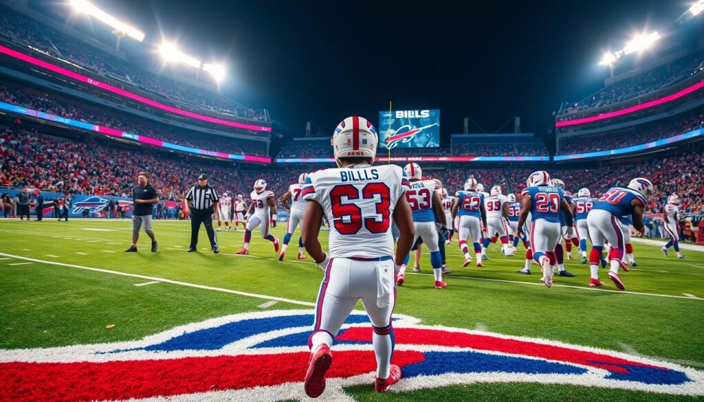 A wide-angle shot of a football field, with the Buffalo Bills players in the foreground engaged in a intense play, their uniforms and helmets gleaming under the bright stadium lights. In the middle ground, a defensive player from the opposing team is lunging to make a tackle, their muscles straining. The background shows the packed stands, fans cheering passionately, creating an electrifying atmosphere. The scene is captured with a cinematic, high-contrast lighting, emphasizing the drama and intensity of the moment, as the Bills fight to gain an advantage over their rivals. Buffalo Bills Vs Ravens