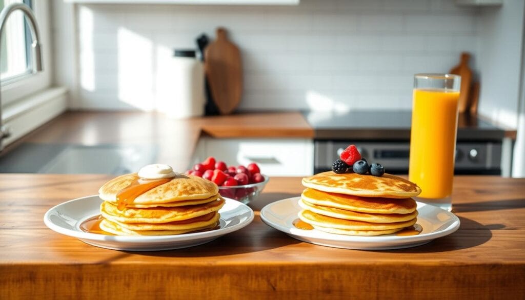 A brightly lit kitchen counter with a rustic wooden texture. On the surface, a variety of simple yet delicious breakfast items are neatly arranged: a stack of golden pancakes drizzled with maple syrup, a plate of crisp bacon, a bowl of fresh berries, and a glass of freshly squeezed orange juice. The lighting is soft and natural, creating a warm, inviting atmosphere. The scene captures the essence of "Easy Breakfast Ideas Under " - wholesome, budget-friendly, and visually appealing.