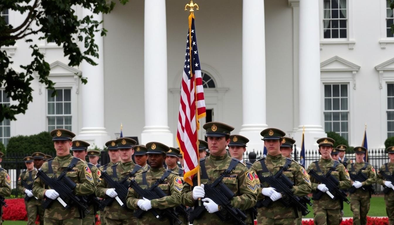 A dimly lit government building, its facade cast in the eerie glow of floodlights. In the foreground, a group of armed National Guard soldiers stand at attention, their uniforms crisp and their expressions stern. The background is hazy, suggesting a sense of unease and uncertainty. The image conveys a tense, authoritarian atmosphere, hinting at the potential for abuse of power and the erosion of civil liberties. The composition is tightly framed, drawing the viewer's attention to the central figures and creating a sense of claustrophobia and discomfort. Sending National Guard to Oregon