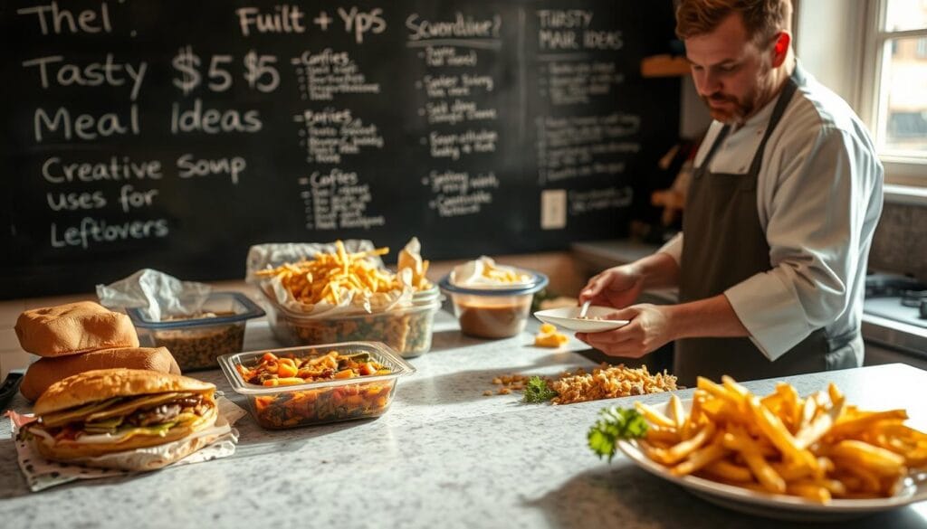 A kitchen counter overflowing with an assortment of leftovers - a half-eaten sandwich, a container of leftover stir-fry, a bowl of partially-consumed soup, and a plate with a few stray french fries. The scene is bathed in warm, natural light filtering through a nearby window, casting a cozy glow over the various culinary remnants. In the foreground, a creative chef's hands are actively transforming these leftover ingredients into an entirely new dish, perhaps a hearty casserole or a flavorful fried rice. The middle ground captures the thoughtful expression of the chef as they meticulously combine the disparate elements. In the background, a chalkboard wall displays handwritten recipe ideas for "Tasty  Meal Ideas" and "Creative Uses for Leftovers", hinting at the culinary ingenuity to come.