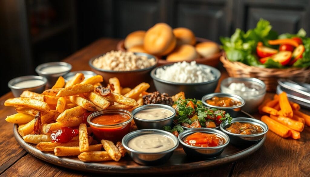 A rustic table showcasing an array of budget-friendly snacks and sides for hearty, economical meals. In the foreground, a platter of golden-brown potato wedges, crispy fries, and roasted vegetable medley, sprinkled with herbs. Surrounding it, a selection of dips and condiments, such as tangy barbecue sauce, creamy ranch, and zesty salsa. In the middle ground, a bowl of steaming rice, a pile of fluffy biscuits, and a basket of soft dinner rolls. In the background, a vibrant salad with leafy greens, juicy tomatoes, and crunchy carrots. Warm, diffused lighting casts a comforting glow, conveying the welcoming atmosphere of a nourishing, budget-friendly meal.