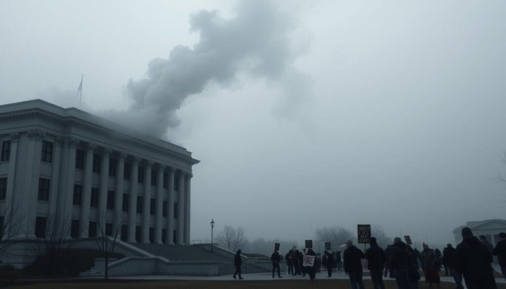 A stark, desolate government building stands in the foreground, its windows dark and lifeless. Clouds of smoke billow from the roof, casting an ominous pall over the scene. In the middle ground, a small group of protesters gathers, their signs and banners demanding an end to the gridlock. The background is shrouded in a hazy, washed-out palette, conveying a sense of uncertainty and despair. The overall atmosphere is one of crisis and abandonment, capturing the mood of a government shutdown in a visceral and impactful way. A stark, desolate government building stands in the foreground, its windows dark and lifeless. Clouds of smoke billow from the roof, casting an ominous pall over the scene. In the middle ground, a small group of protesters gathers, their signs and banners demanding an end to the gridlock. The background is shrouded in a hazy, washed-out palette, conveying a sense of uncertainty and despair. The overall atmosphere is one of crisis and abandonment, capturing the mood of a government shutdown in a visceral and impactful way.