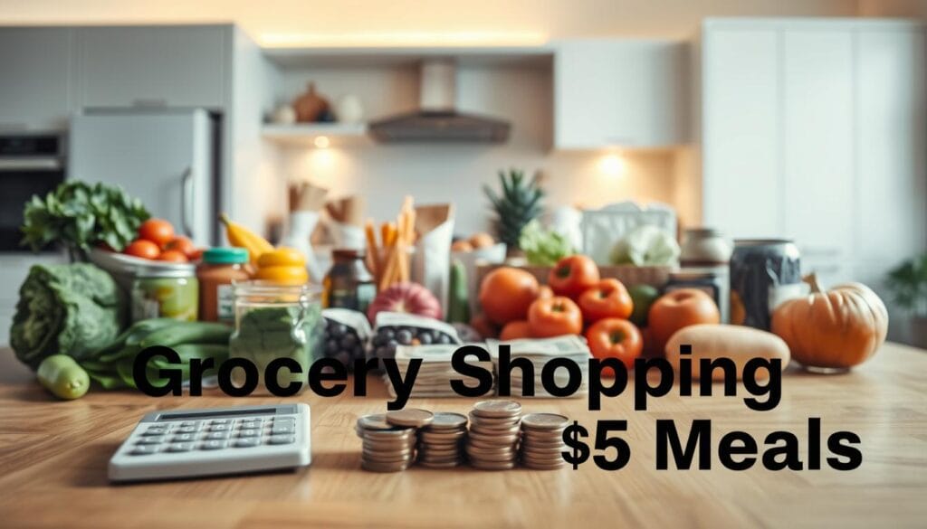 A well-lit, high-resolution photograph of a wooden table with various grocery items arranged neatly, including fresh produce, canned goods, and a calculator. In the foreground, a stack of cash and coins, symbolizing a  budget. The middle ground features a pair of hands selecting items, showcasing the decision-making process. The background depicts a clean, minimalist kitchen setting with warm, inviting lighting. The overall mood is one of efficiency, thoughtfulness, and budget-consciousness, reflecting the "Grocery Shopping Tips for  Meals" theme.